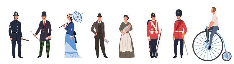 British retro people set. Different professions in England. Men and women in clothes in old style. Collection of traditional outwear. Cartoon flat vector illustrations isolated on white background