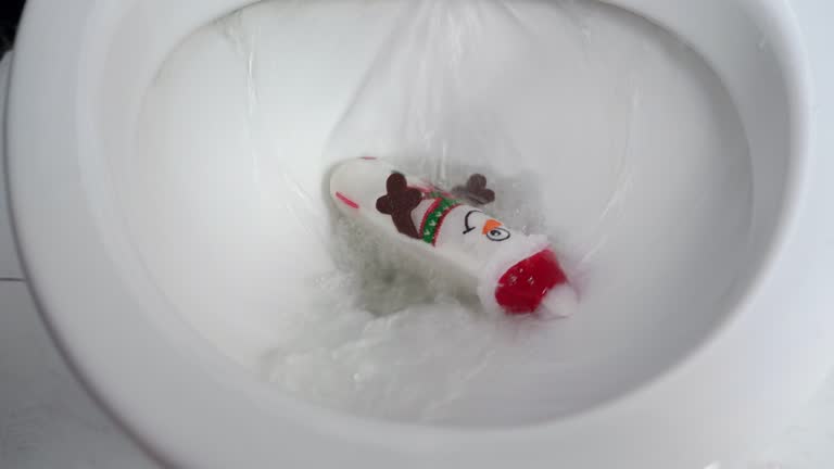 Children bathe toys in toilet, flush snowman with water. Blockage in the drain