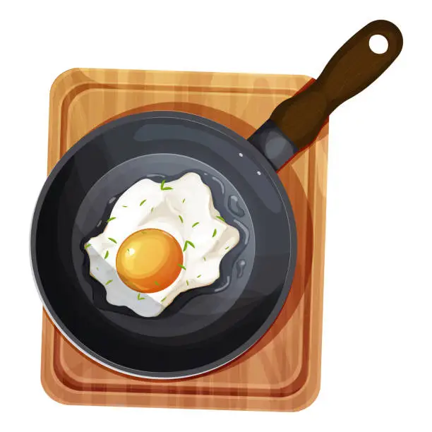 Vector illustration of Fried egg sausages and tomatoes on skillet top view in cartoon style isolated on white background. Breakfast meal. Vector illustration