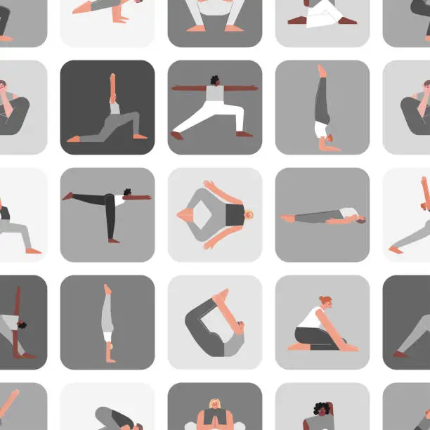 Vector illustration of Vector seamless pattern yoga poses. Flat monochrome illustrated collection on square shape with hispanic, african american, caucasian women making sport trainings: asanas, stretchening and meditation