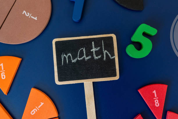 istock Colorful math fractions, numbers, letters on blue background. Interesting, fun, creative mathematics for kids. Education, back to school concept. Mathematical background 1592968988