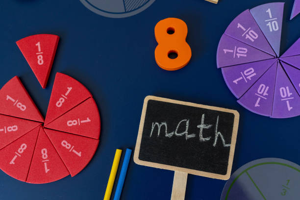 istock Colorful math fractions, numbers, letters on blue background. Interesting, fun, creative mathematics for kids. Education, back to school concept. Mathematical background 1592969503