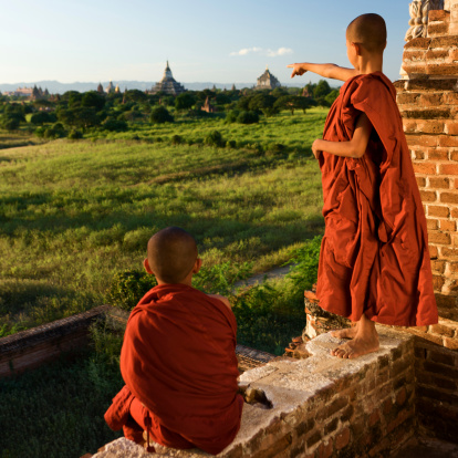 Portrait of two young Buddhist monks, Bagan, Myanmar (Burma)