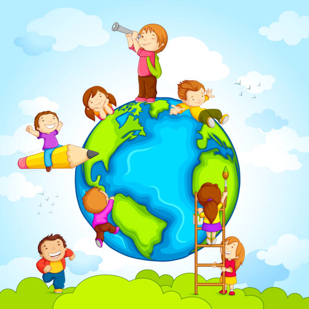 kids around globe - alphabet childhood learning education stock-grafiken, -clipart, -cartoons und -symbole