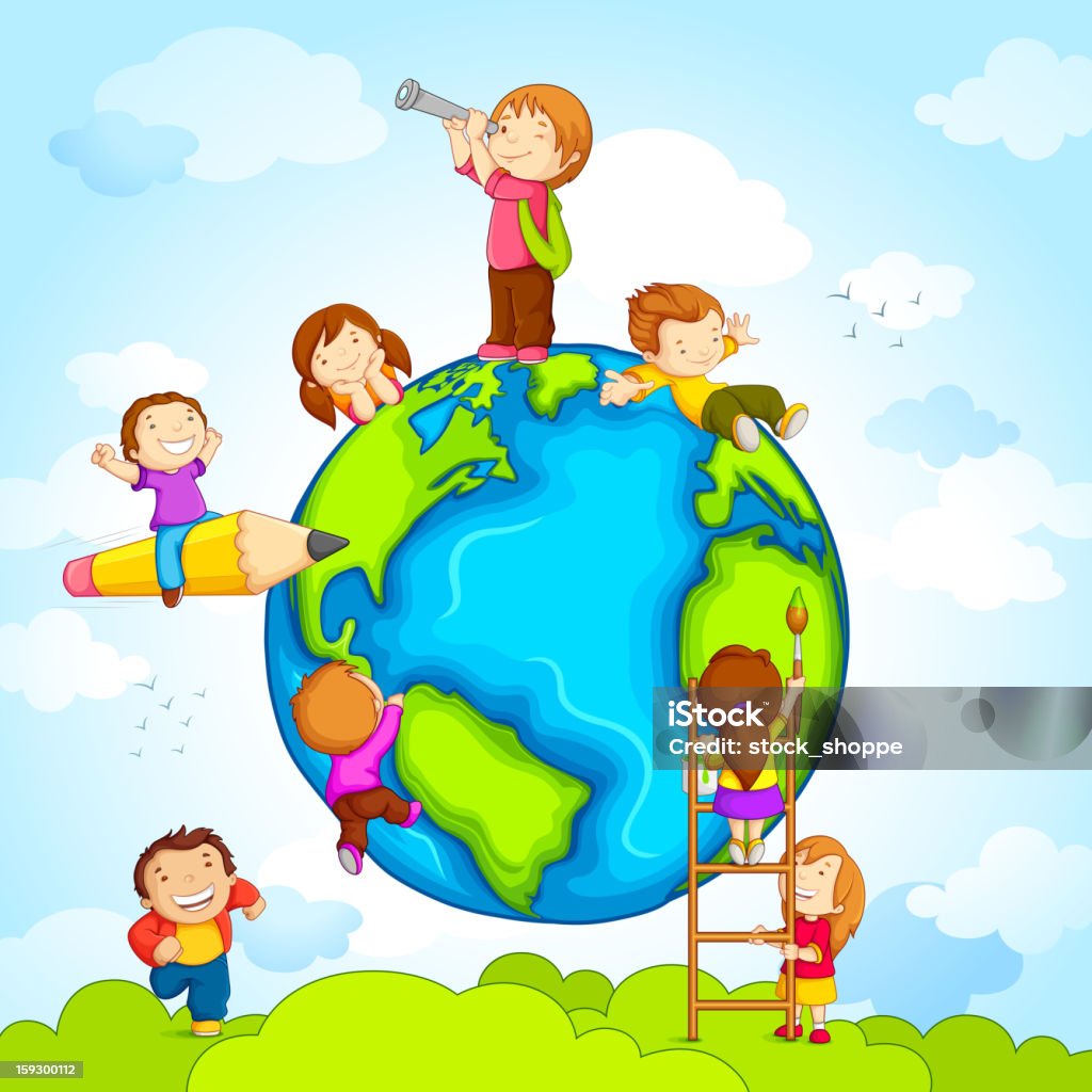 Kids around Globe vector illustration of kids climbing around earth Child stock vector