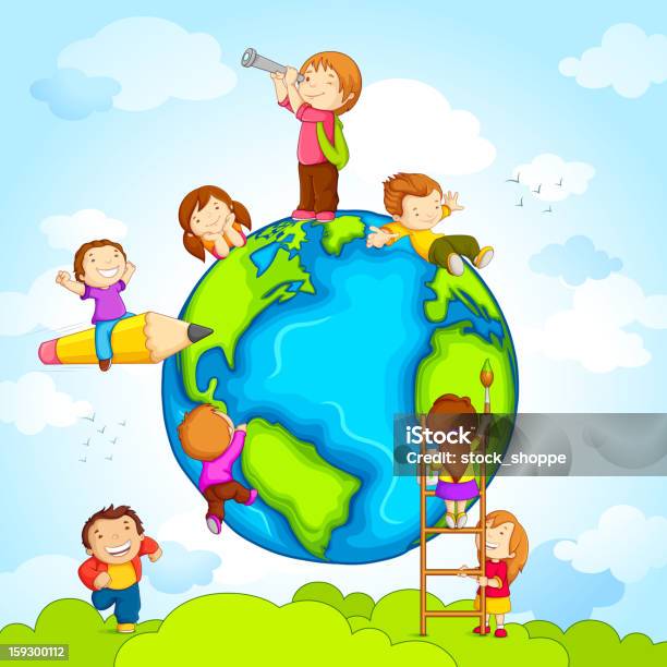 Kids Around Globe Stock Illustration - Download Image Now - Child, Globe - Navigational Equipment, Book