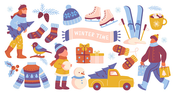 Winter activities. Set of colorful stickers with warm winter sweater, mittens and socks, skis and skates, christmas gifts and tree. Cartoon flat vector collection isolated on white background