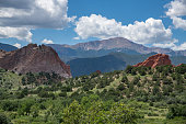 Garden of the Gods park with tall sandstone formations in Colorado Springs, Colorado in western USA of North America