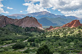 Garden of the Gods park with tall sandstone formations and Pikes Peak in Colorado Springs, Colorado in western USA of North America
