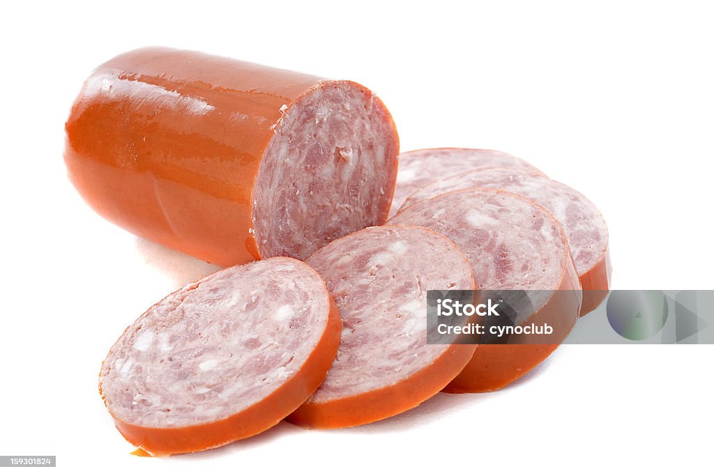 garlic sausage garlic sausage in front of white background Garlic Stock Photo