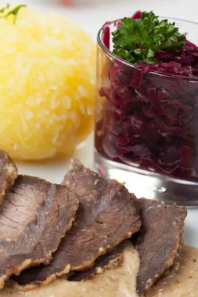 bavarian sauerbraten, a marinated beef speciality