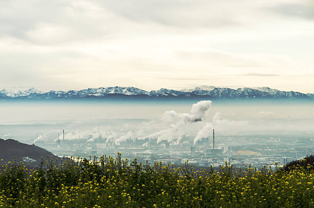 urban industrie stadtansicht von linz, österreich - smog city pollution town stock-fotos und bilder