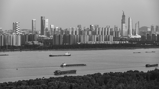 Black and white Saint Petersburg aerial cityscape from St. Isaac's Cathedral top for embankment of the Neva River, Russia