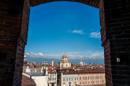 Real Chiesa di San Lorenzo and Turin street view from window of Palazzo Madama, Italy
