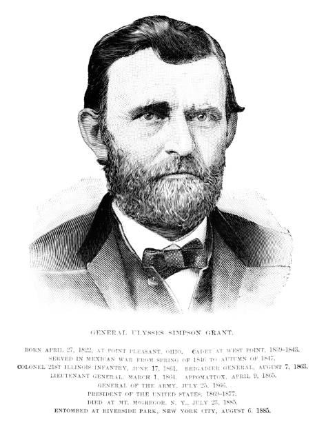 ilustraciones, imágenes clip art, dibujos animados e iconos de stock de retrato de ulysses s. grant, 18º presidente de los estados unidos, general de la unión de la guerra civil - civil war general engraving men