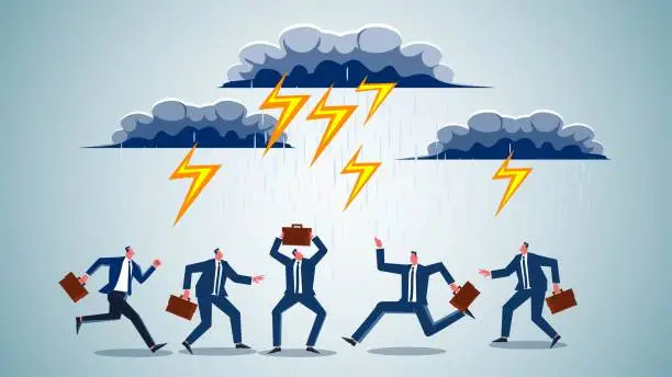 Vector illustration of Bad Weather, Business Problems or Disasters, Business Insurance, Business Financial Investments Crisis or Risk, Storms and Thunderstorms Coming, Businessmen Running for Cover in a Hurry
