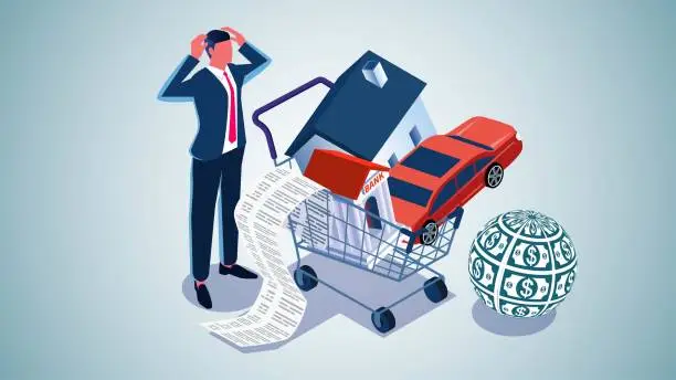Vector illustration of Heavy living expenses and costs, life's bills and stresses such as buying a house and car loans, desperate businessmen looking at the house bank bills and small cars inside their shopping carts