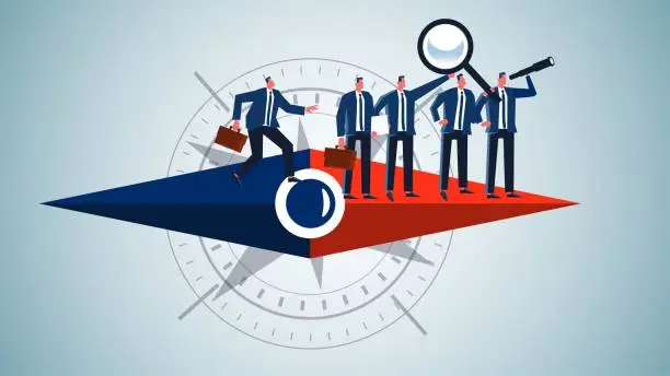 Vector illustration of Seeking business development opportunities or career paths, direction decisions, seeking solutions, businessmen stand on the compass needle to find the way forward