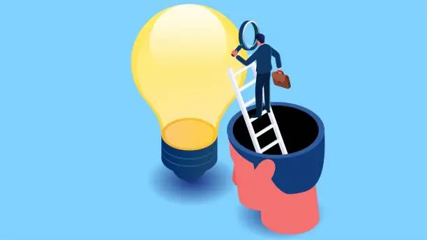 Vector illustration of Ideas, creativity to help explore solutions to problems, get ideas and creativity, isometric traders climb ladders with magnifying glasses to get out of their brains and reach the light bulb for exploration