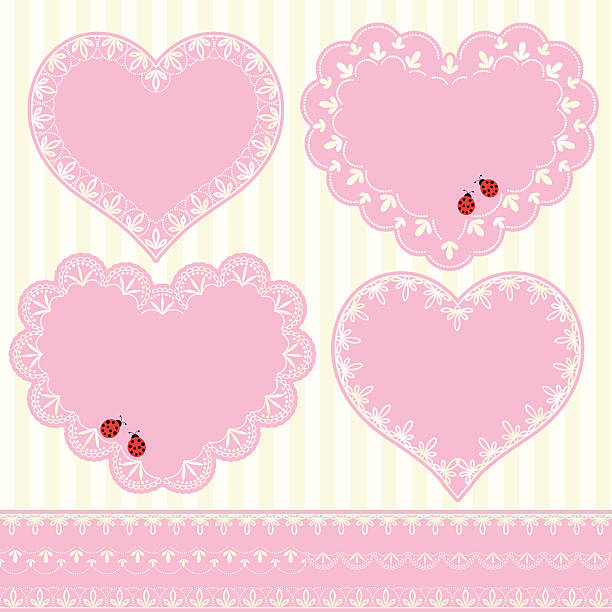 세트마다 아이리스입니다 프페임 하트 모양 카드 - doily heart shape animal heart valentines day stock illustrations