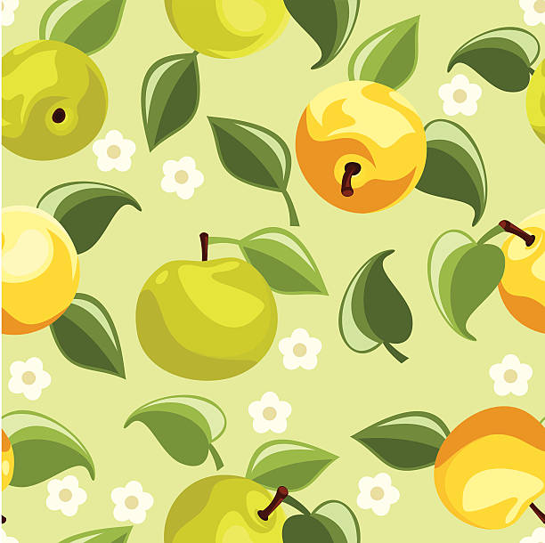 Seamless background with apples. Vector illustration. Vector seamless background with red and green apples, leaves and flowers on a green background. green apple on green background stock illustrations