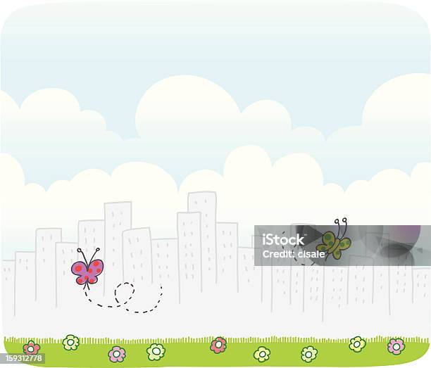 Cityview At Daytime Cartoon Illustration Stock Illustration - Download Image Now - Built Structure, Butterfly - Insect, Child's Drawing