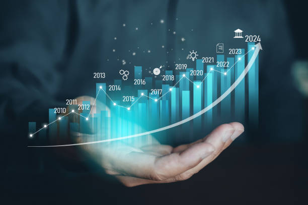 istock Concept business growing graph, chart with company progress and growth by year, 2024, economic growth, Business people check and analytic data of Annual Economic Growth Data. Digital screen touch. 1593145610