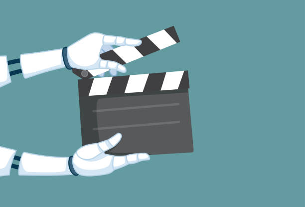 Automated Job in Cinema Industry Ai Concept Vector Illustration Hollywood strike due to automation process of the creative professions glitch generator stock illustrations