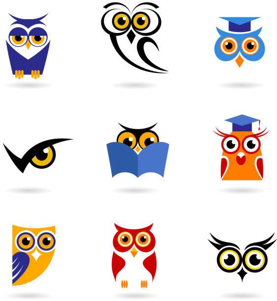 올빼미류 아이콘-교육 - text animal owl icon set stock illustrations