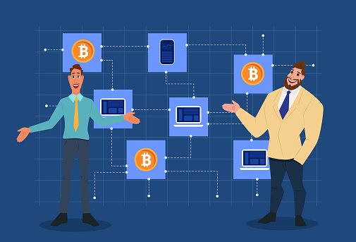 Businessman show blockchain network connection and transfer cryptocurrency on security system and digital network connection. Blockchain technology and network concept.