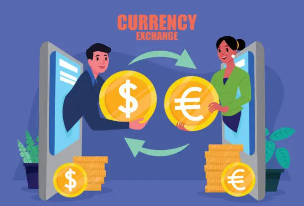 Vector illustration of Businessman trading currency with financial institution officials