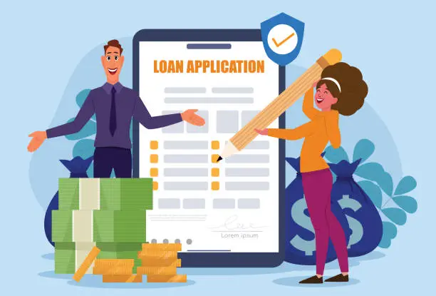 Vector illustration of The woman applied for a loan to invest money through a loan agreement and the company approved her loan.