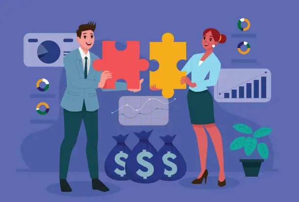 Vector illustration of mergers and acquisitions. Businessperson holding jigsaw puzzle in hand to put together.