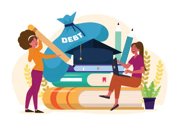 Vector illustration of Female students use student loans to gain access to graduate school. Studentt loan DEBT.