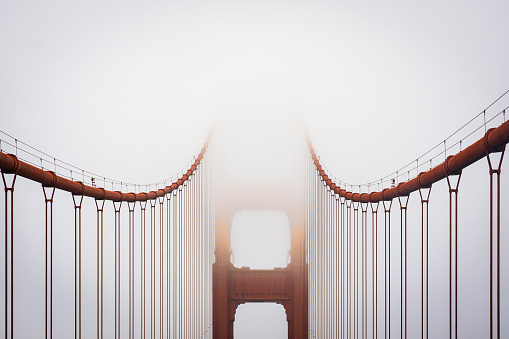 Fog engulfs the Golden Gate Bridge.