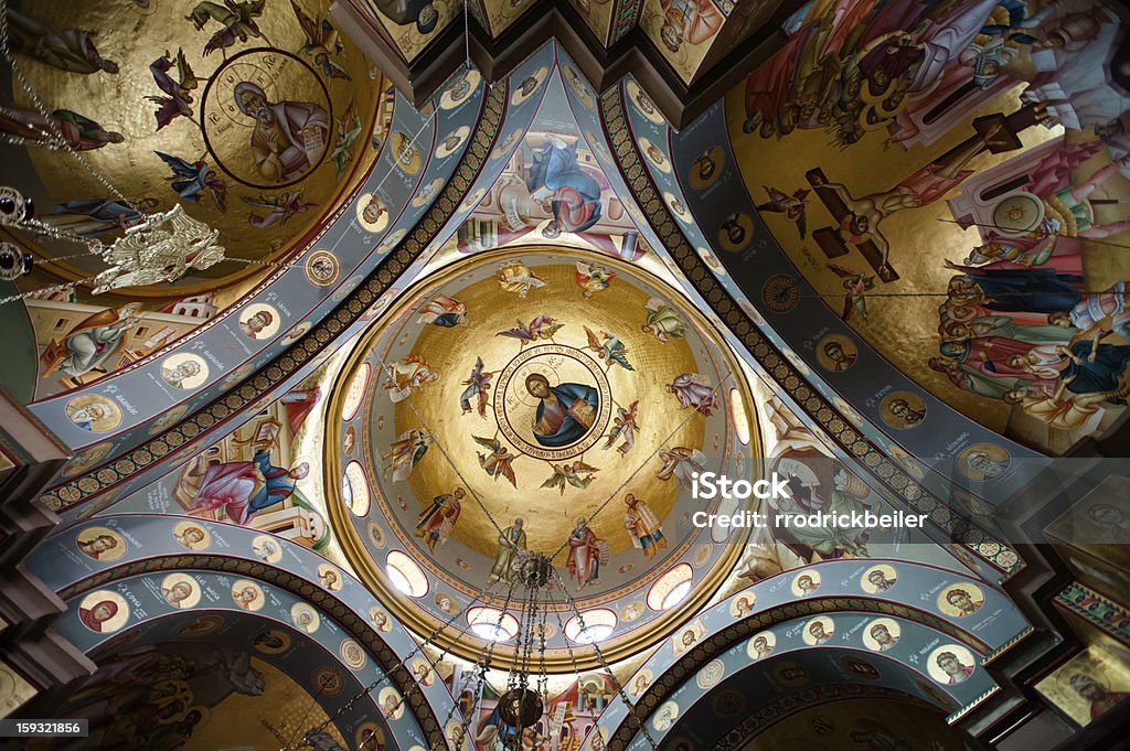 Greek Orthodox Church of the Seven Apostles Icons cover the domed ceiling of the Greek Orthodox Church of the Seven Apostles near Capernaum on the Sea of Galilee in northern Israel. Architectural Dome Stock Photo