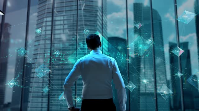 Responsibility. Businessman Working in Office among Skyscrapers. Hologram Concept