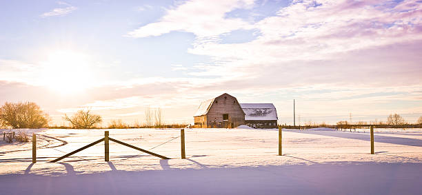 paysage de prairies couvertes de neige de grange au coucher du soleil - prairie farm winter snow photos et images de collection