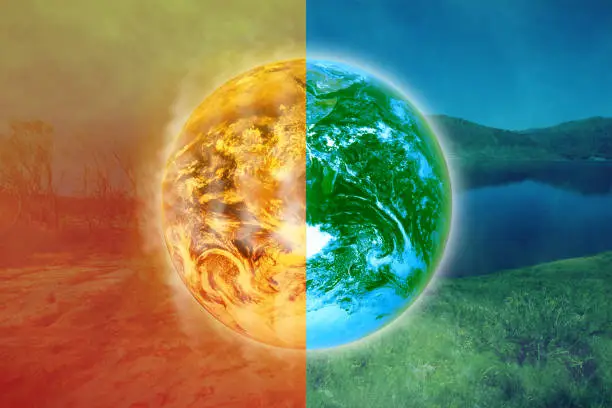 Planet earth split in two showing two extreme outcomes of climate change management.