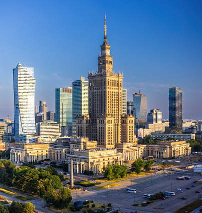 Warsaw, Poland - June 28 2023: Centre of Warsaw is a fast-paced, forward-looking part of the city radiating out from the Palace of Culture & Science, and it’s here that you’ll find the majority of the city’s hotels, restaurants and bars, but also government buildings, skyscrapers and places of commerce - the dynamic heart of the contemporary capital.