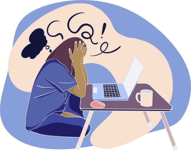 istock hand drawing style cartoon woman working at home problem stress, clinging to work can't think of anything 1593333136