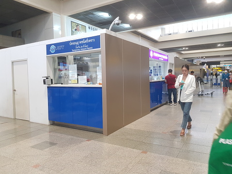 Bangkok, Thailand on July 9, 2023. Counter AOT Temporary Airport Permit at Don Mueang International Airport. This counter is currently closed.