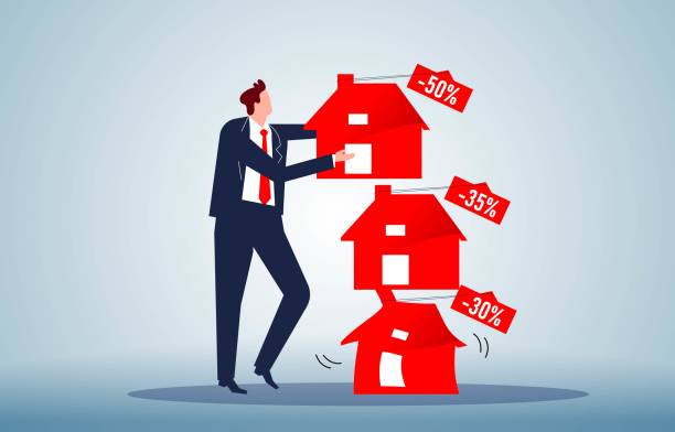 illustrazioni stock, clip art, cartoni animati e icone di tendenza di promozioni immobiliari, crollo immobiliare, crisi del debito ipotecario di fannie mae, commercianti che prendono pile di case a prezzi scontati - interest rate percentage sign moving down sadness