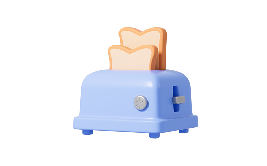 Cartoon toaster and bread in the white background, 3d rendering. Digital drawing.