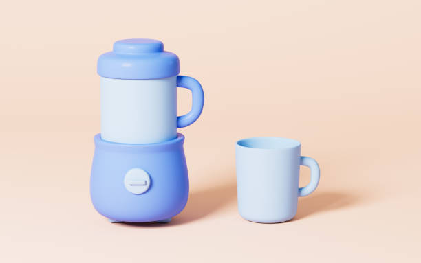 istock Cartoon blender and mug in the pink background, 3d rendering. 1593336294