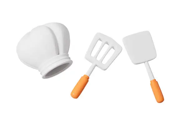 Photo of Cartoon cooking hat and scraper in the white background, 3d rendering.