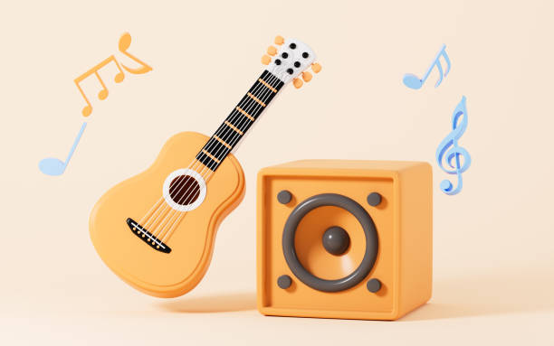 istock Cartoon guitar and loudspeaker in the yellow background, 3d rendering. 1593336310