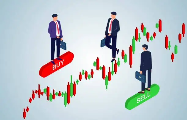 Vector illustration of Stock market or price analysis, buying and selling of investments in the stock market or financial markets, stock trading, global economic trends, stock market candles on the charts for buying and selling traders