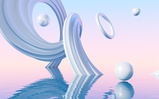 Abstract spiral curves and water surface background, 3d rendering. Digital drawing.