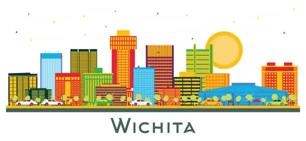 Vector illustration of Wichita Kansas USA City Skyline with Color Buildings isolated on white.